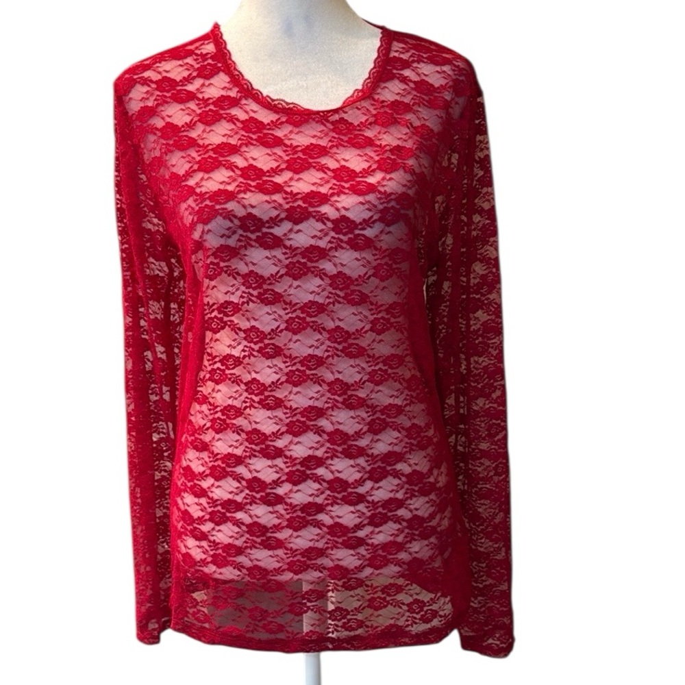 La Vie en Rose Woman's Red Lace Floral Long Sleeve Top Size Large